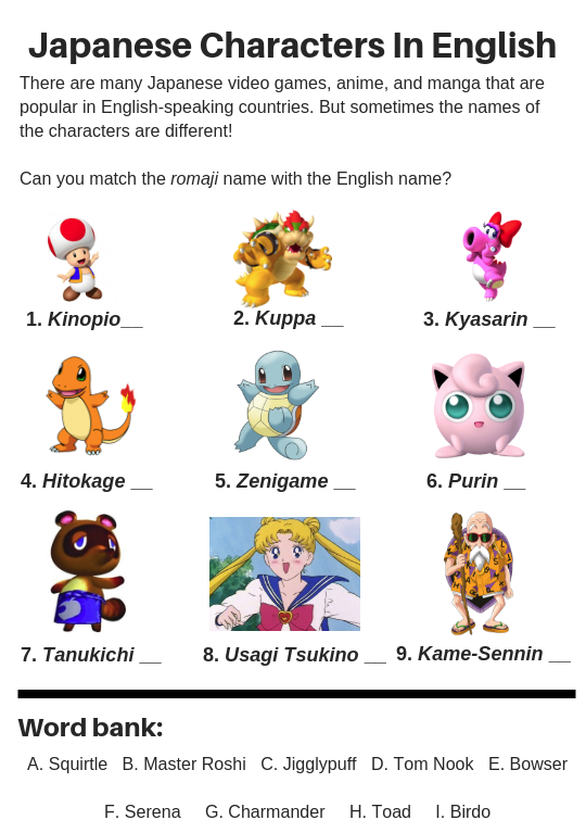 Japanese Character Names to English ESL Worksheet - Andrew Elsass